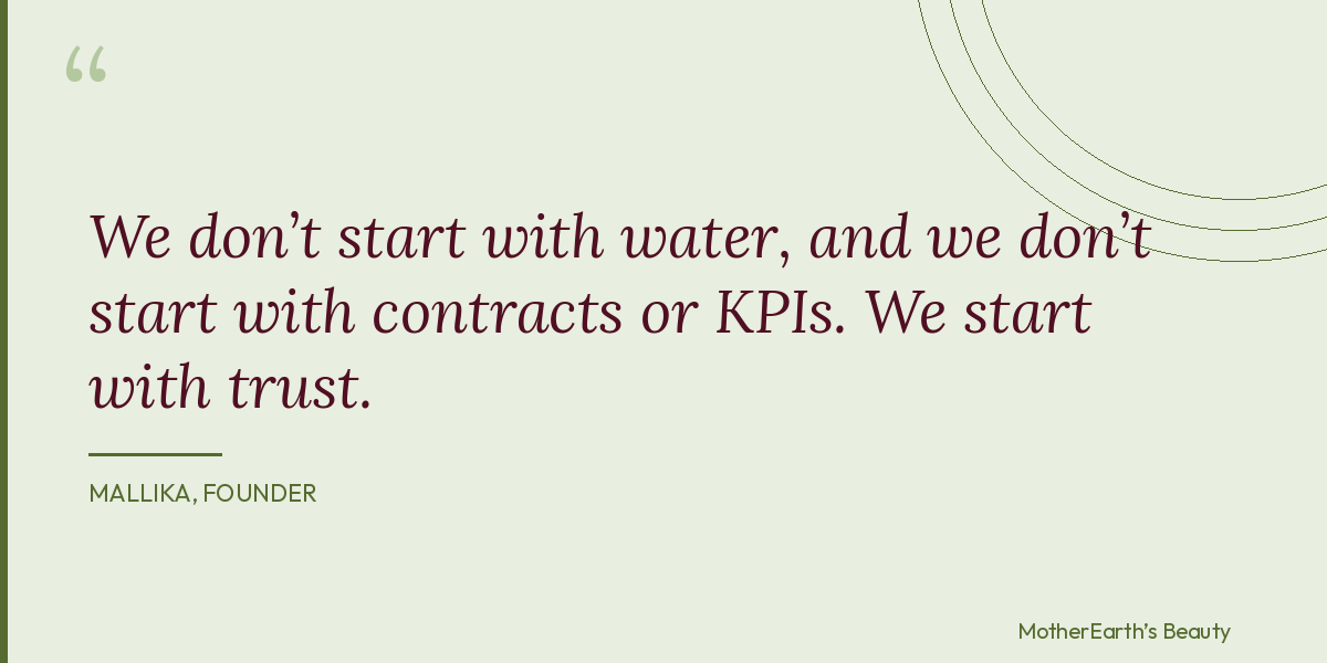 Quote from Mallika, Founder of Mother Earth's Beauty on a light green background